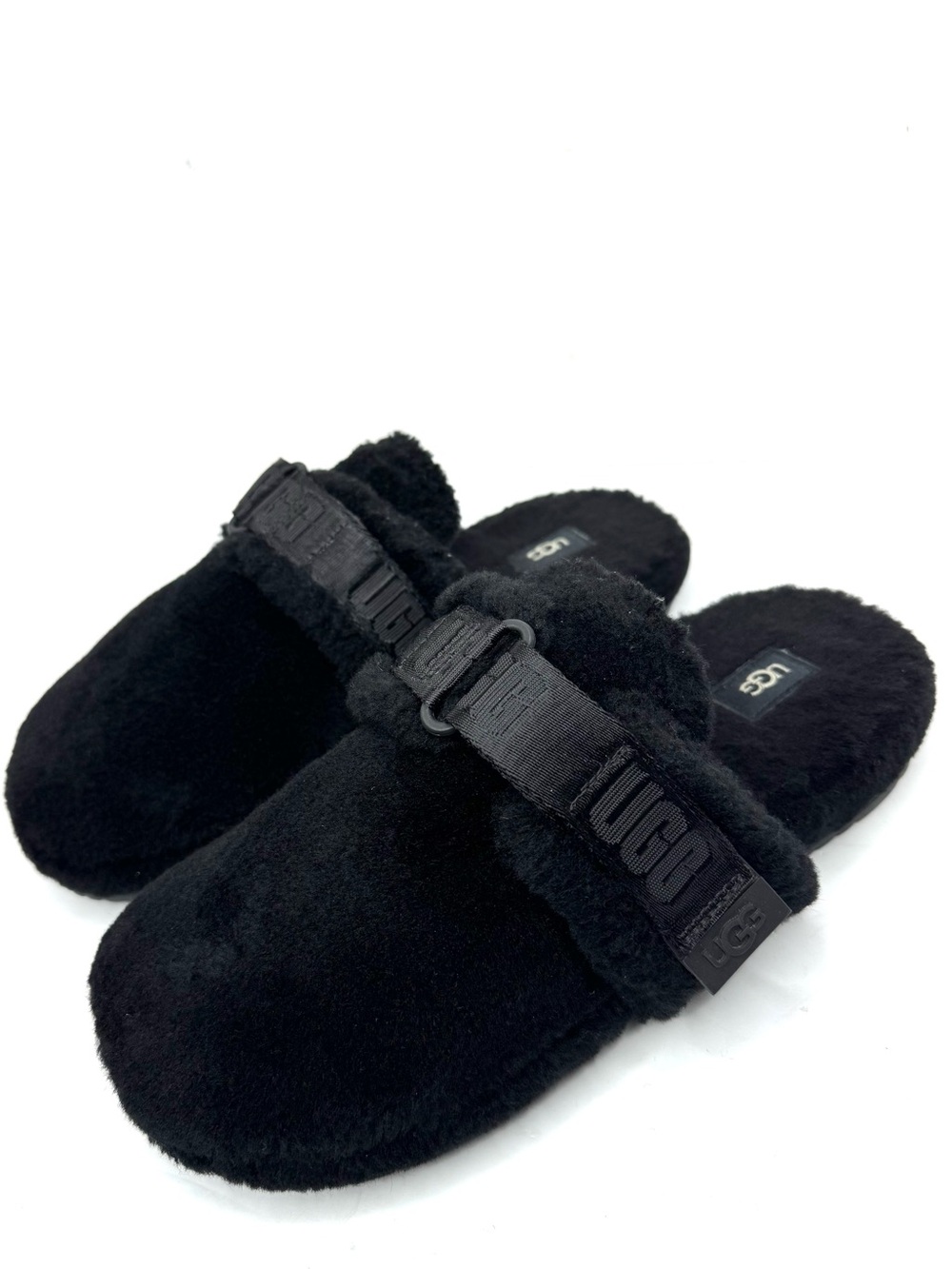 UGG Fluff It Slippers Slip On Slides size 10 Mens Black Plush